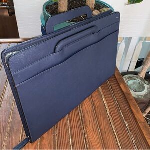 Oroton navy blue leather folio with handles